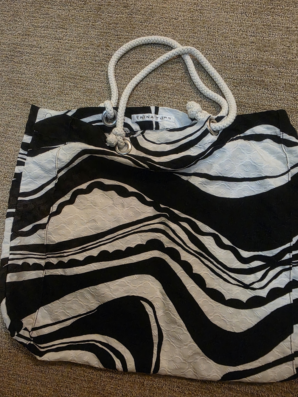 Trina Turk Black & White Swirl Rope-Handle Tote